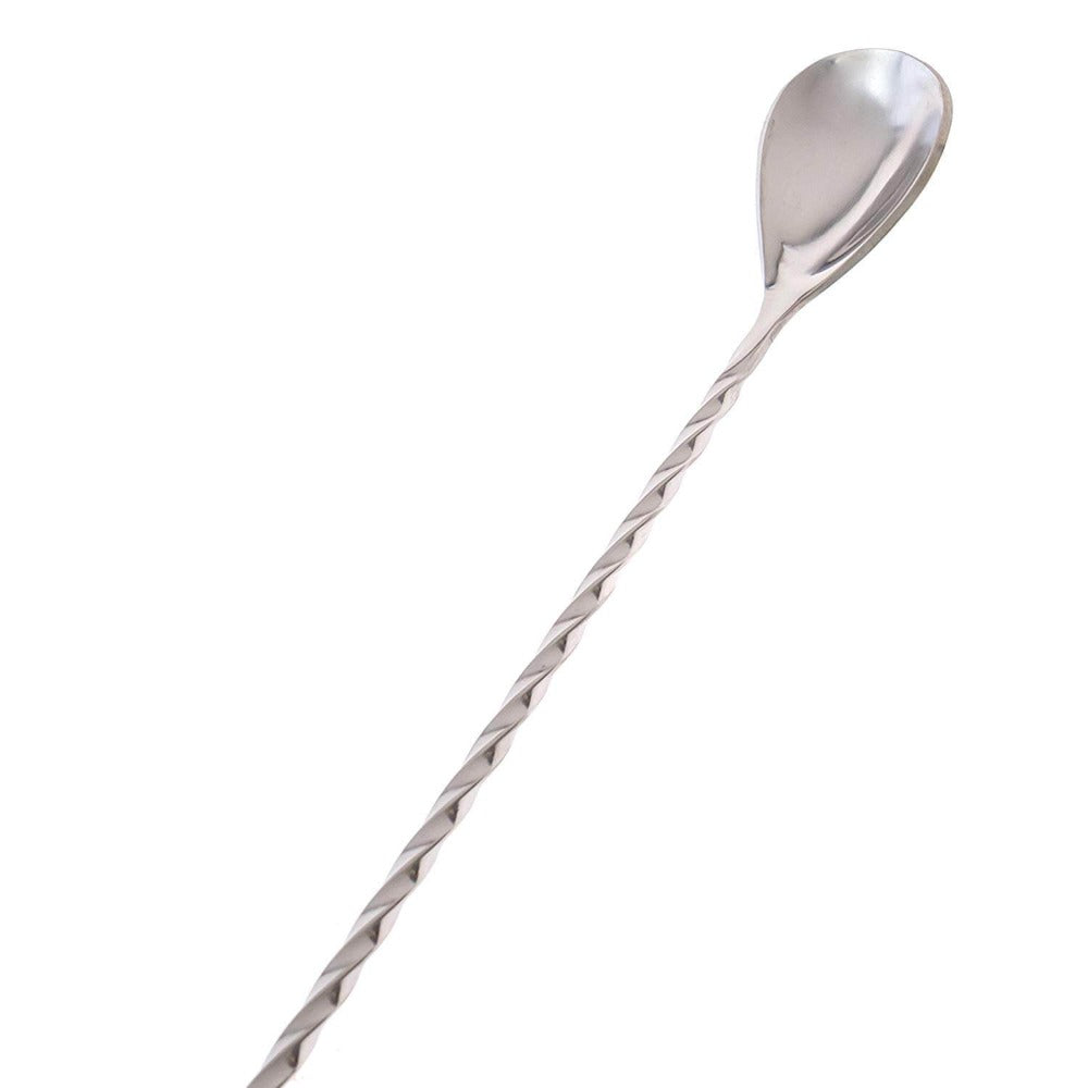 Stainless steel cocktail spoon on a white background