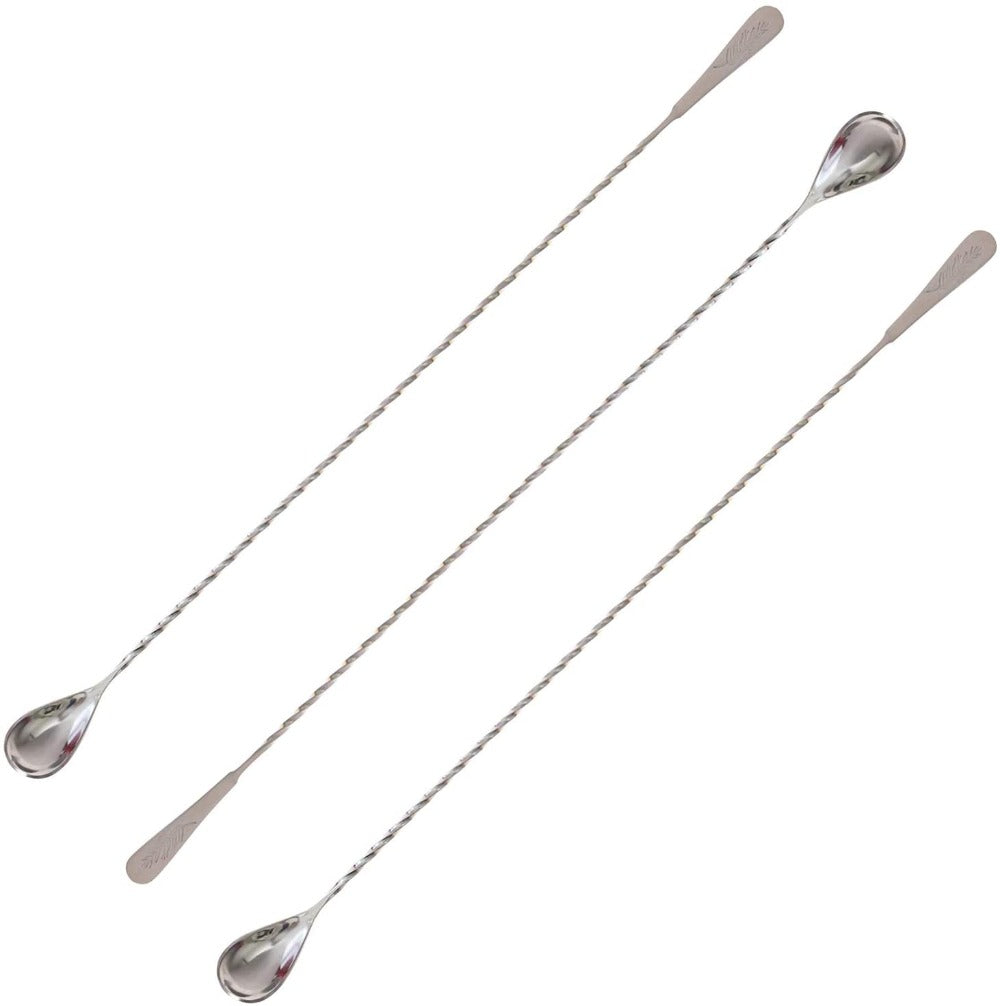 Three silver cocktail stirrers on a white background