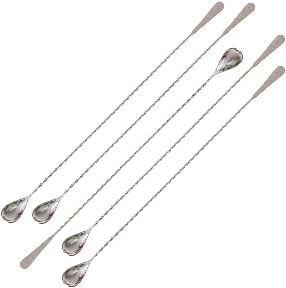 Set of five silver cocktail stirrers on a white background