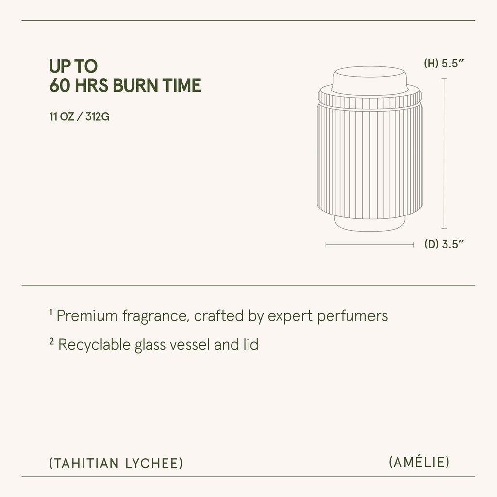 Product description card with dimensions, weight, and features of a recyclable glass vessel and lid.