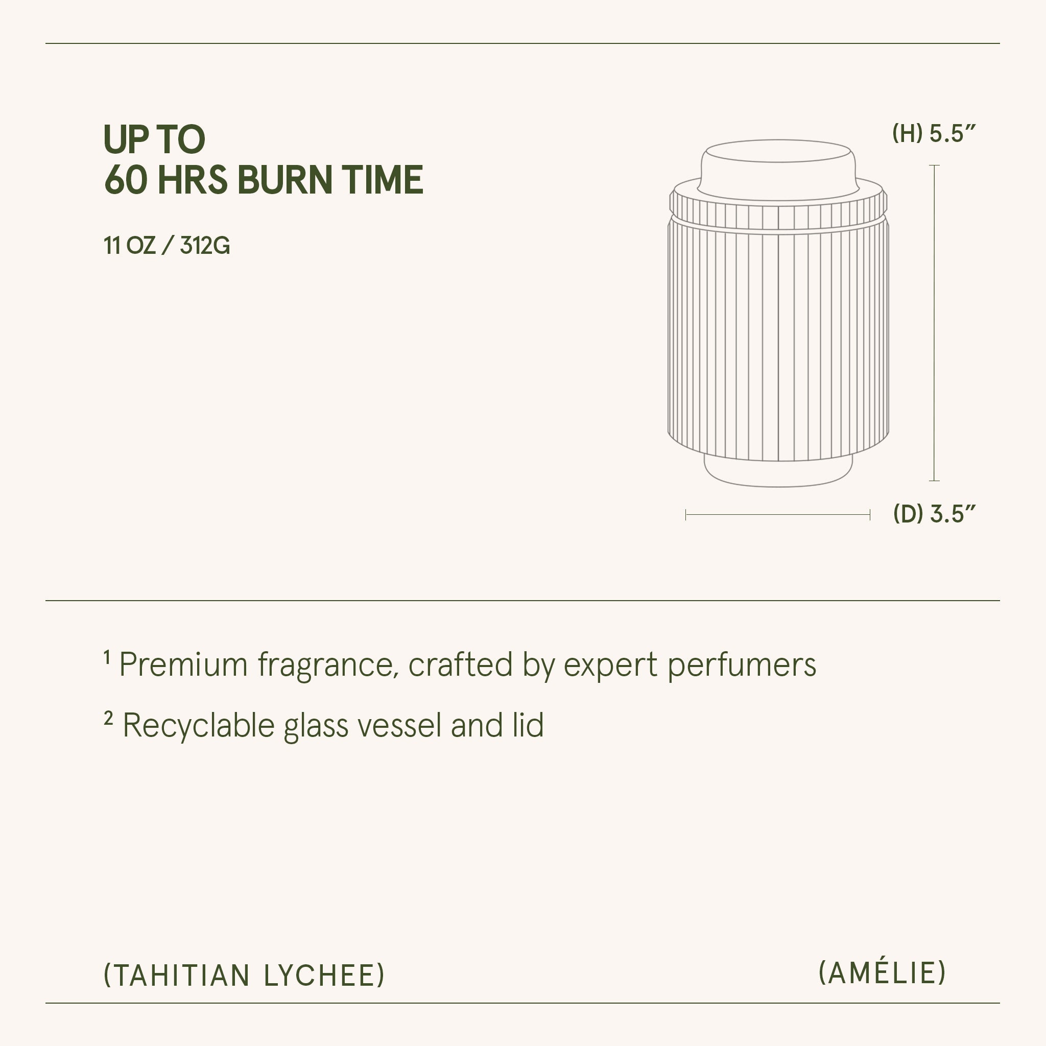 Product description card with dimensions, weight, and features of a recyclable glass vessel and lid.