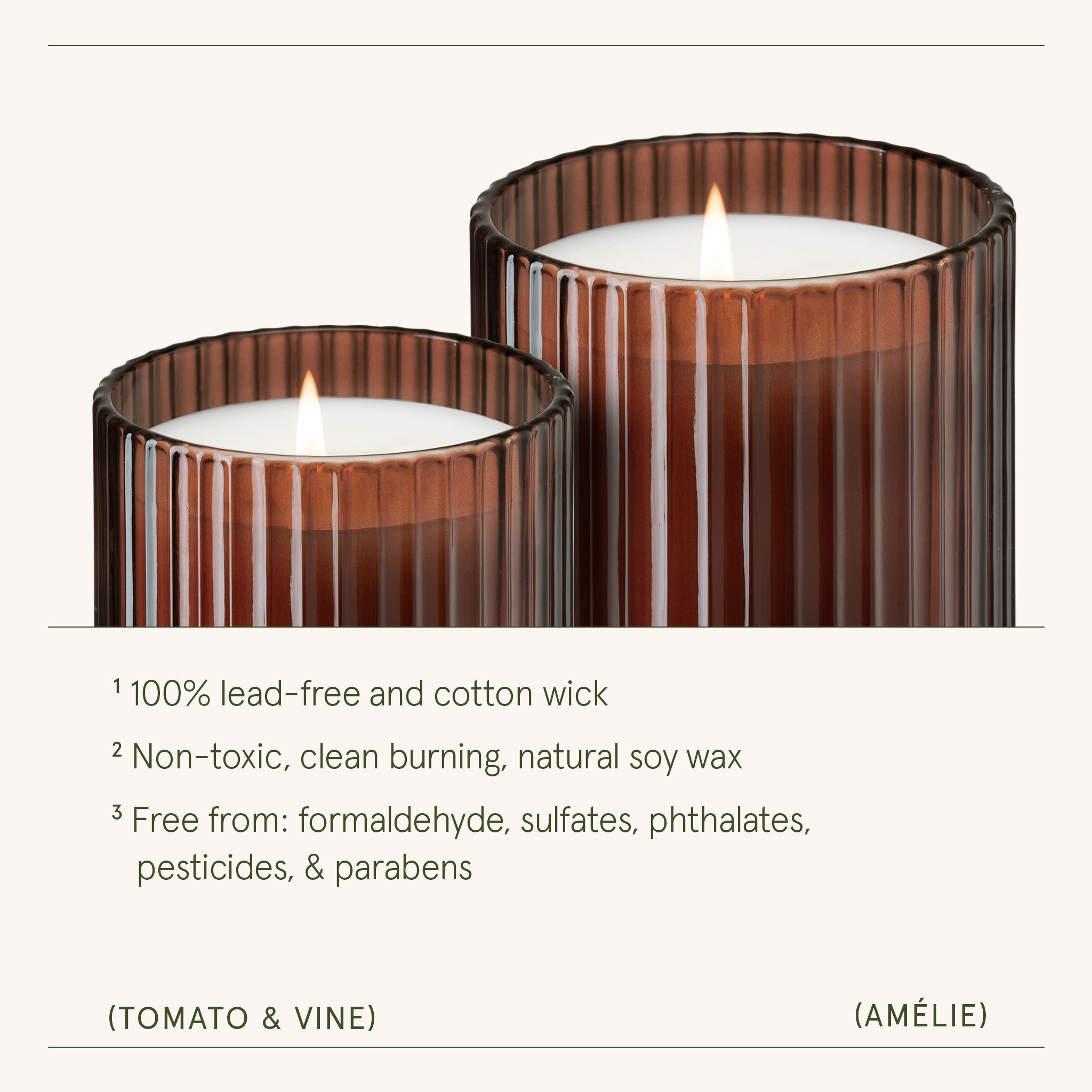 Two ribbed brown glass candles with a white candle inside on a light gray background.