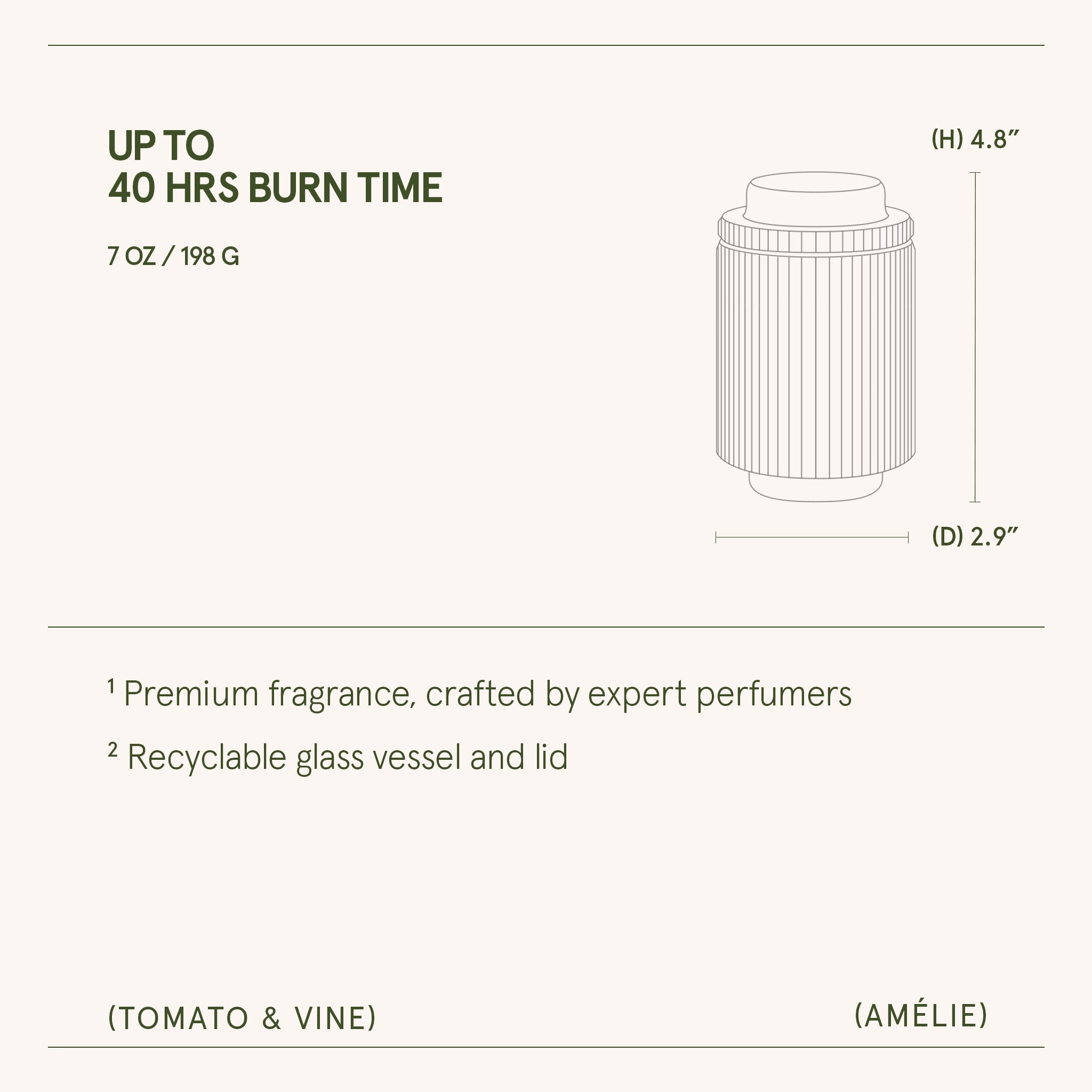Product description card with dimensions and features of a fragrance container.