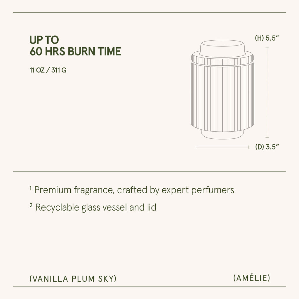 Product description card with dimensions, weight, and features of a recyclable glass vessel and lid.