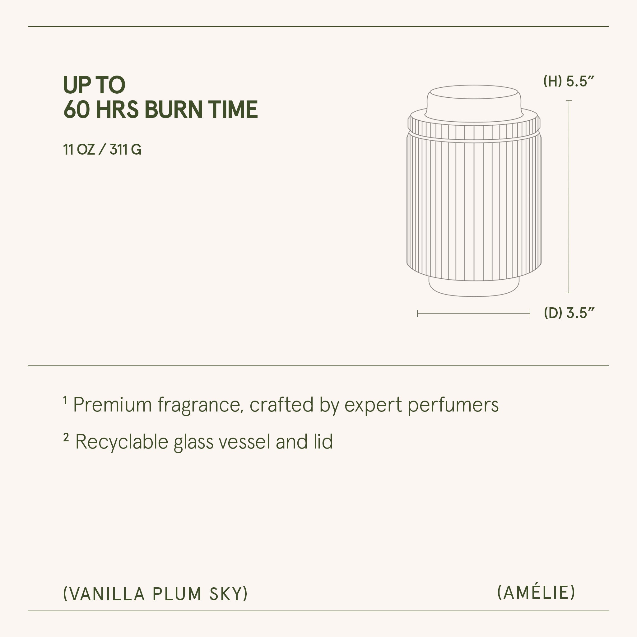Product description card with dimensions, weight, and features of a recyclable glass vessel and lid.