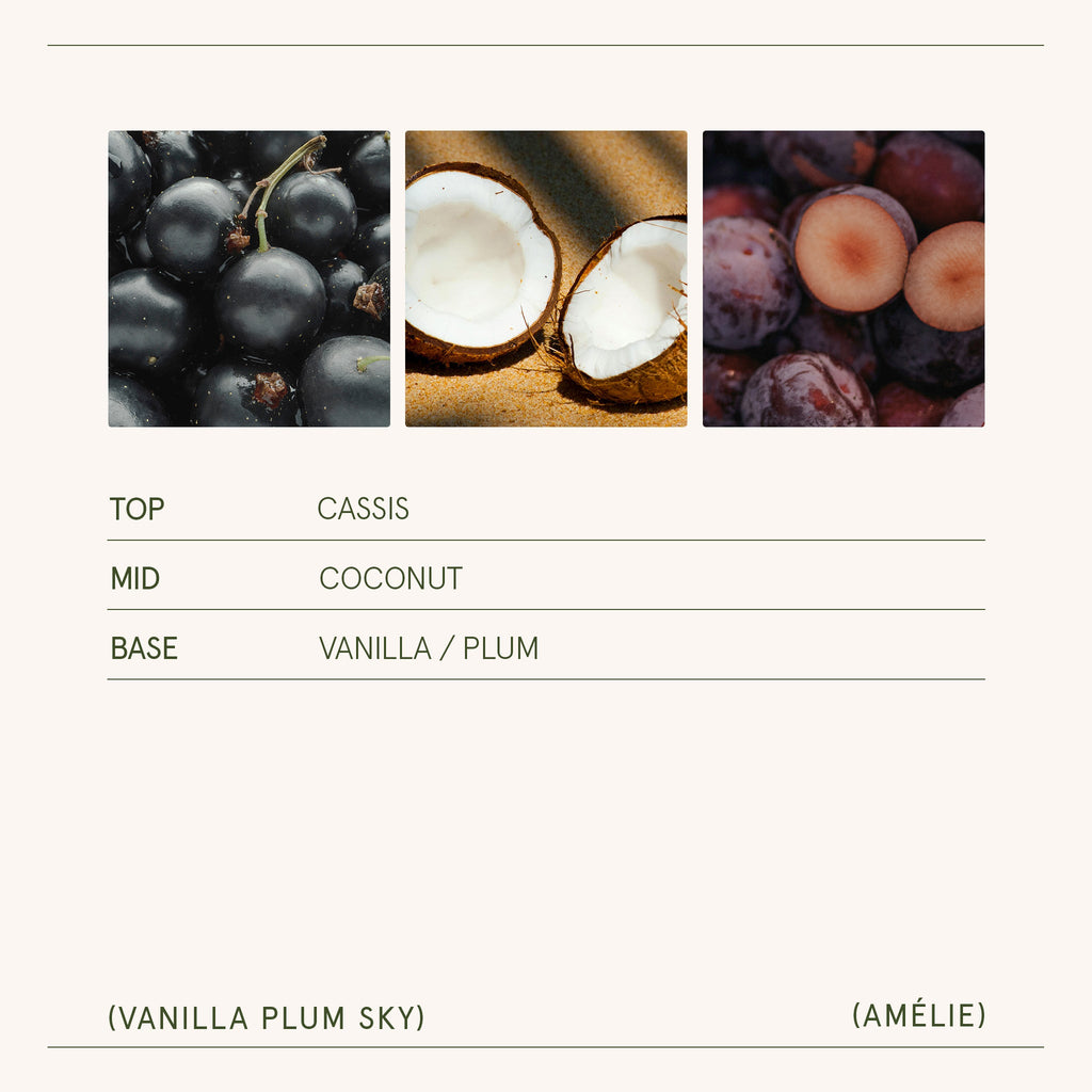 Three images of grapes, coconut halves, and plums with corresponding flavor names below.