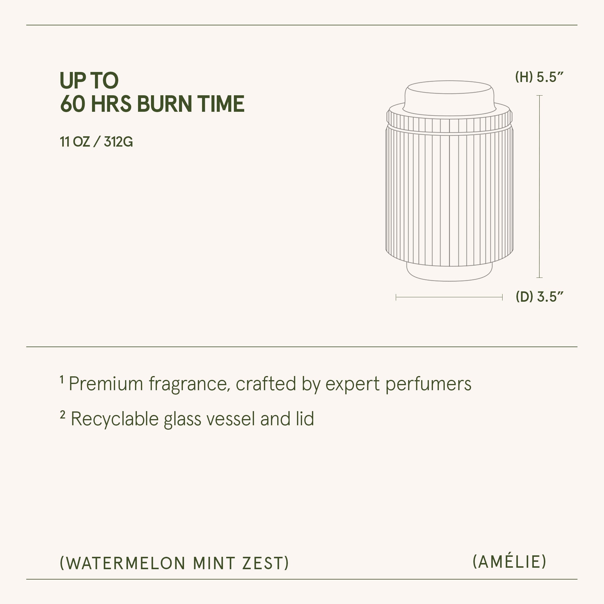 Product packaging with dimensions and features on a white background