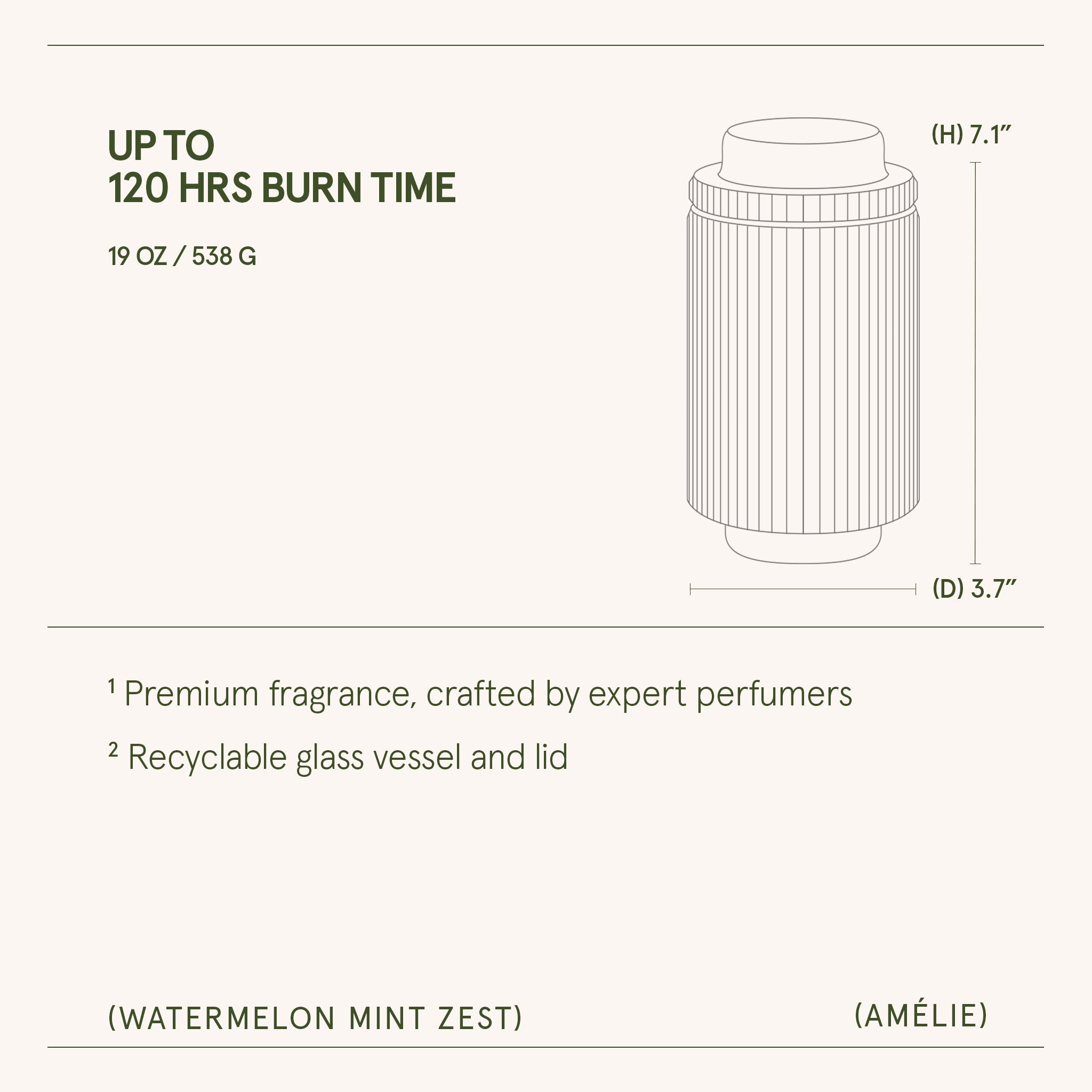 Product description with dimensions and features on a white background
