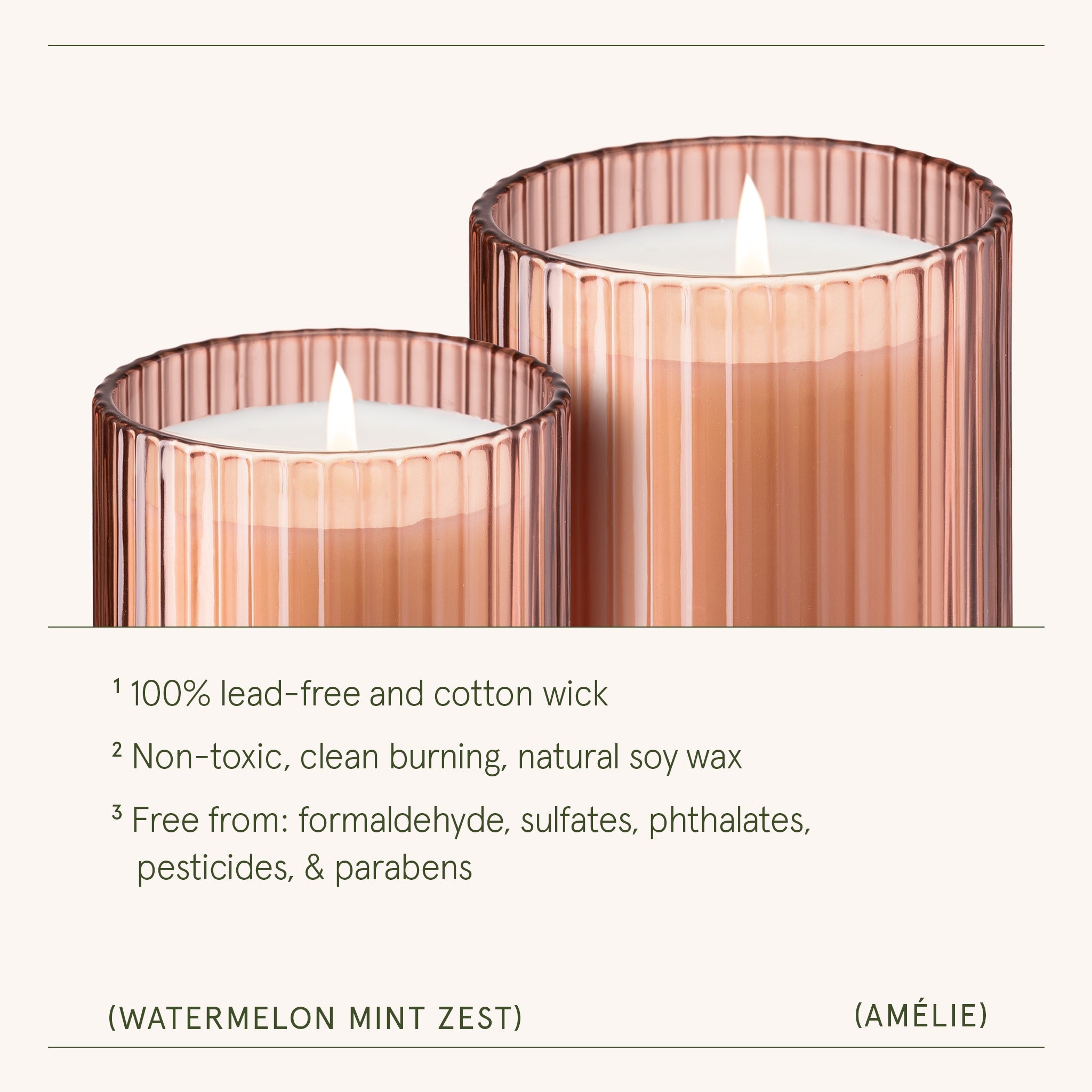 Two pink ribbed glass candles with a white candle inside on a white background.