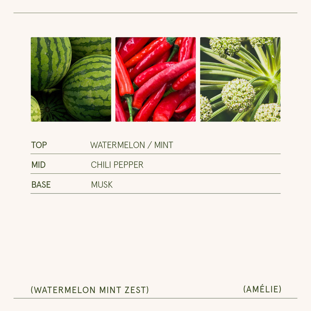 Product flavor profile with images of watermelon, chili peppers, and a plant, labeled 'WATERMELON / MINT', 'CHILI PEPPER', and 'MUSK'.