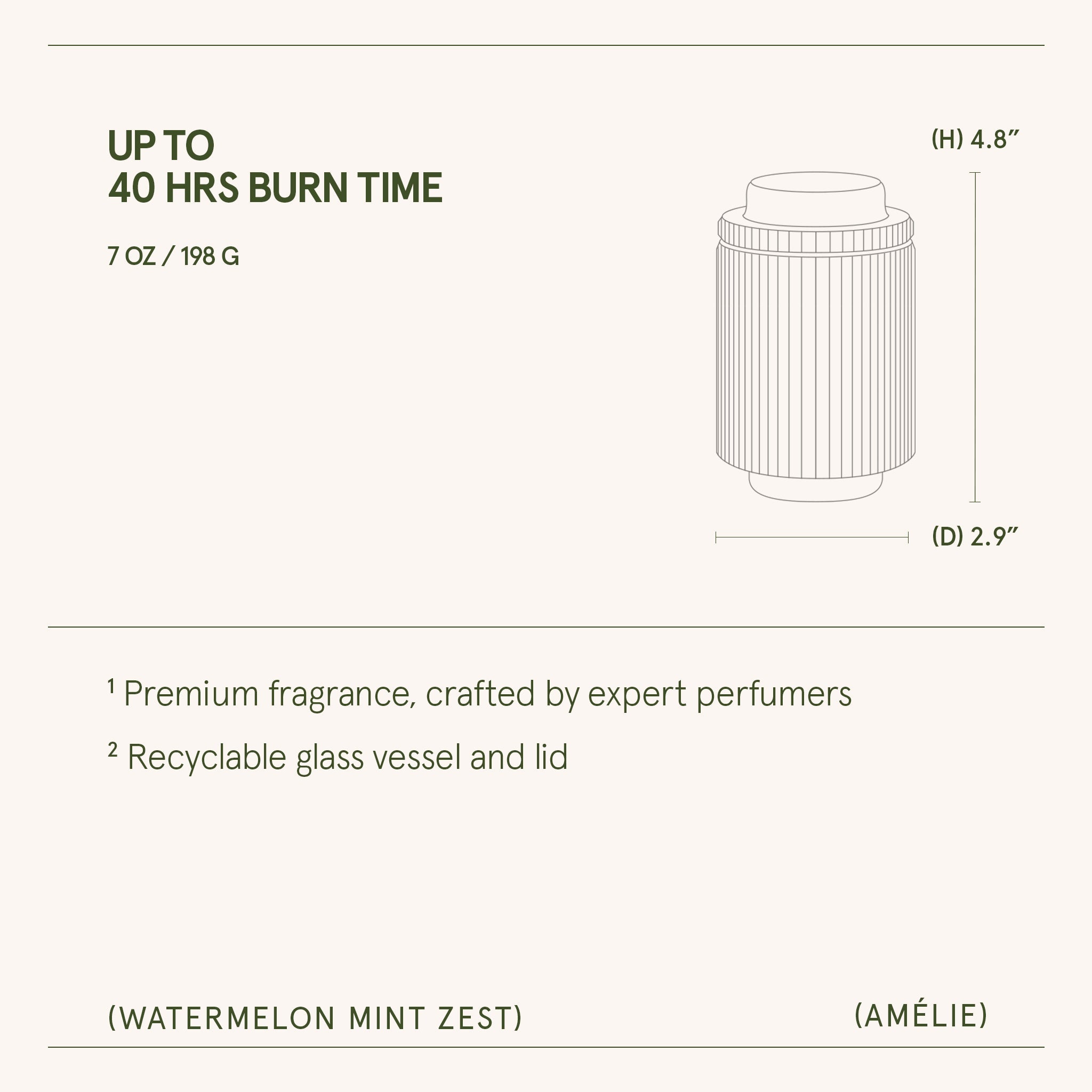 Product packaging with dimensions and features on a white background