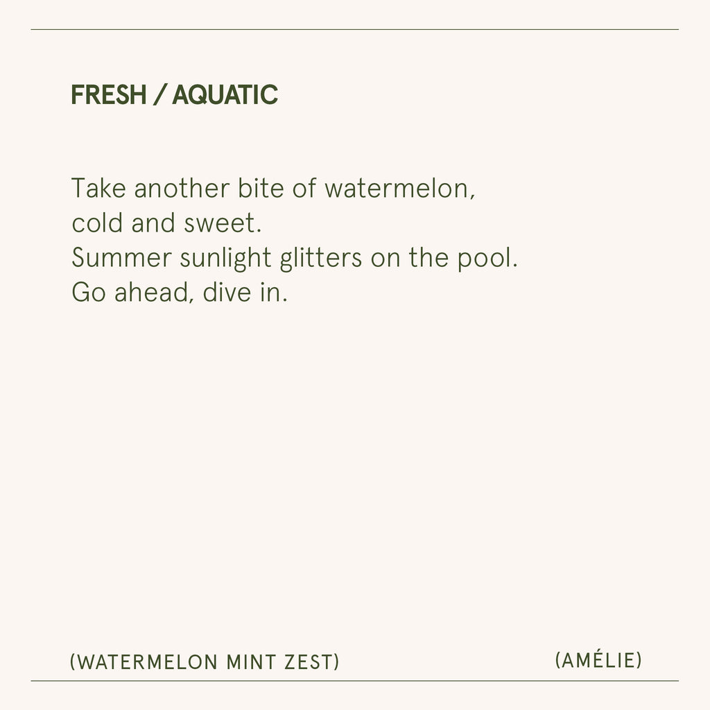 Text description of a watermelon mint zest fragrance with a pool and watermelon imagery.