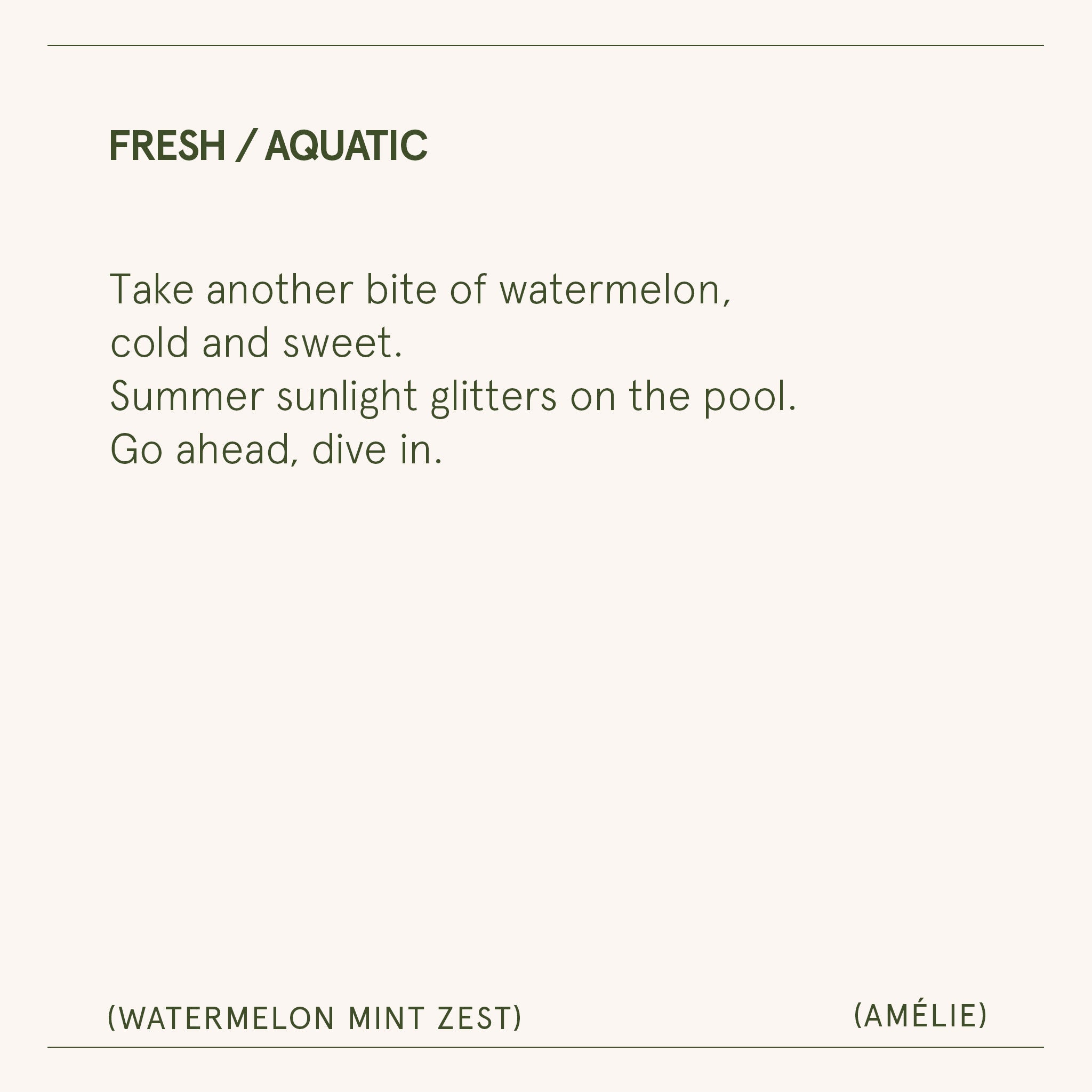 Text description of a watermelon mint zest fragrance with a pool and watermelon imagery.