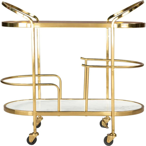 Gold bar cart with two shelves on a white background