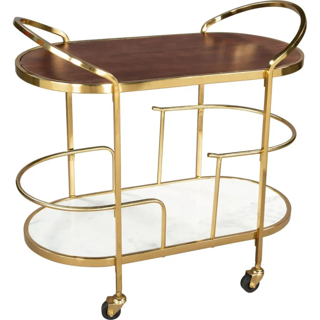 Gold-framed bar cart with wooden top and glass bottom on a white background