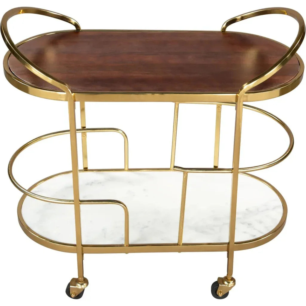 Two-tiered serving cart with wooden top and marble bottom on a white background