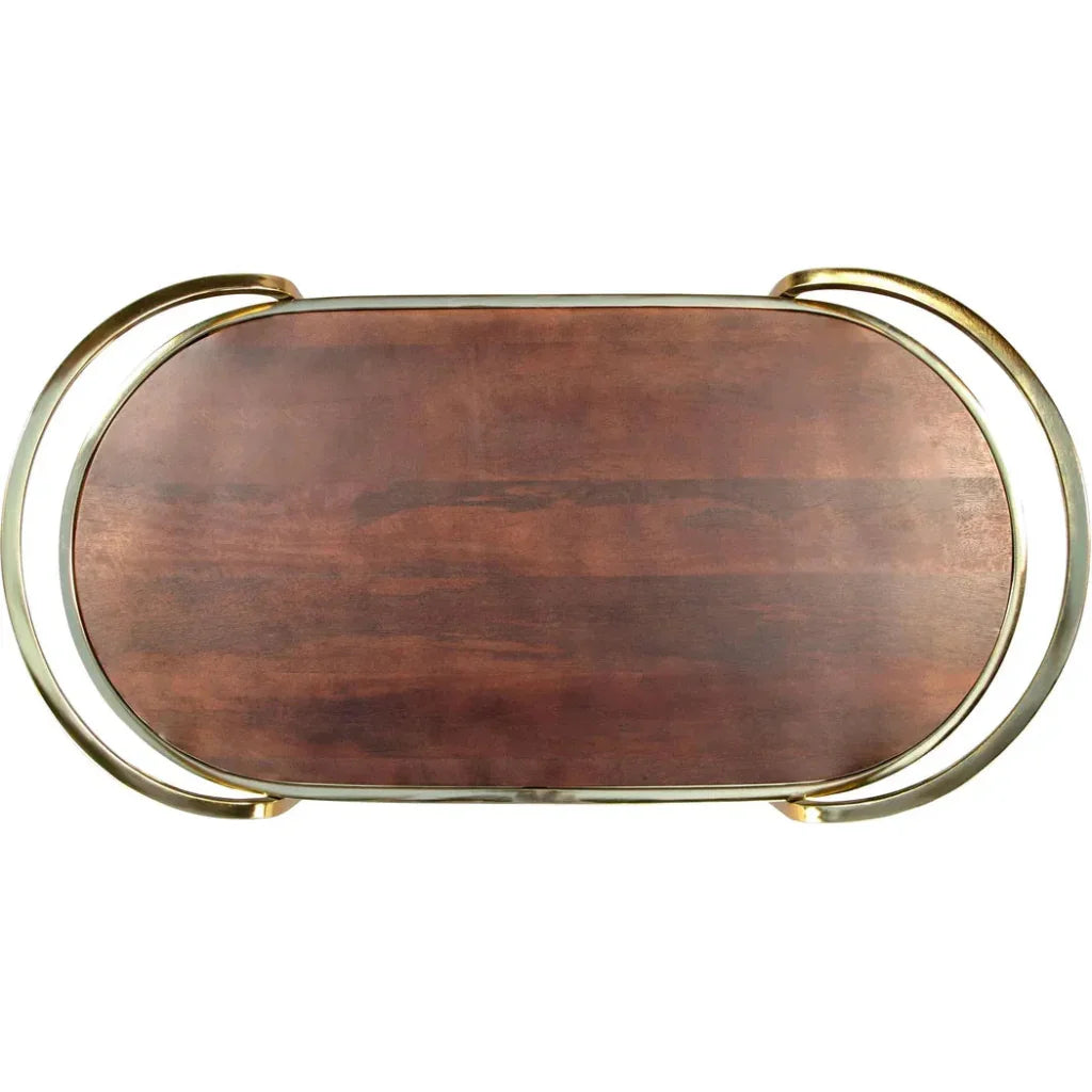 Wooden tray with gold metal frame on a white background