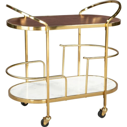 Gold-framed bar cart with wooden top and glass shelves on a white background