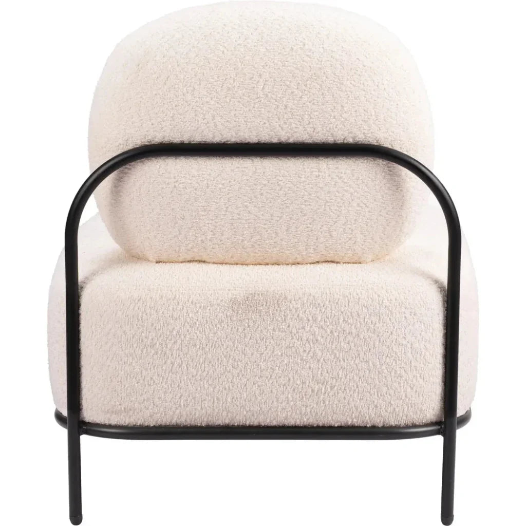White boucle chair with black metal frame on a white background