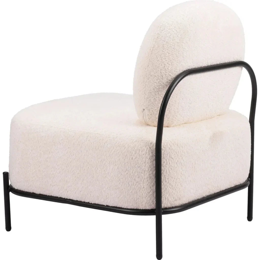 White boucle armchair with black metal frame on a white background