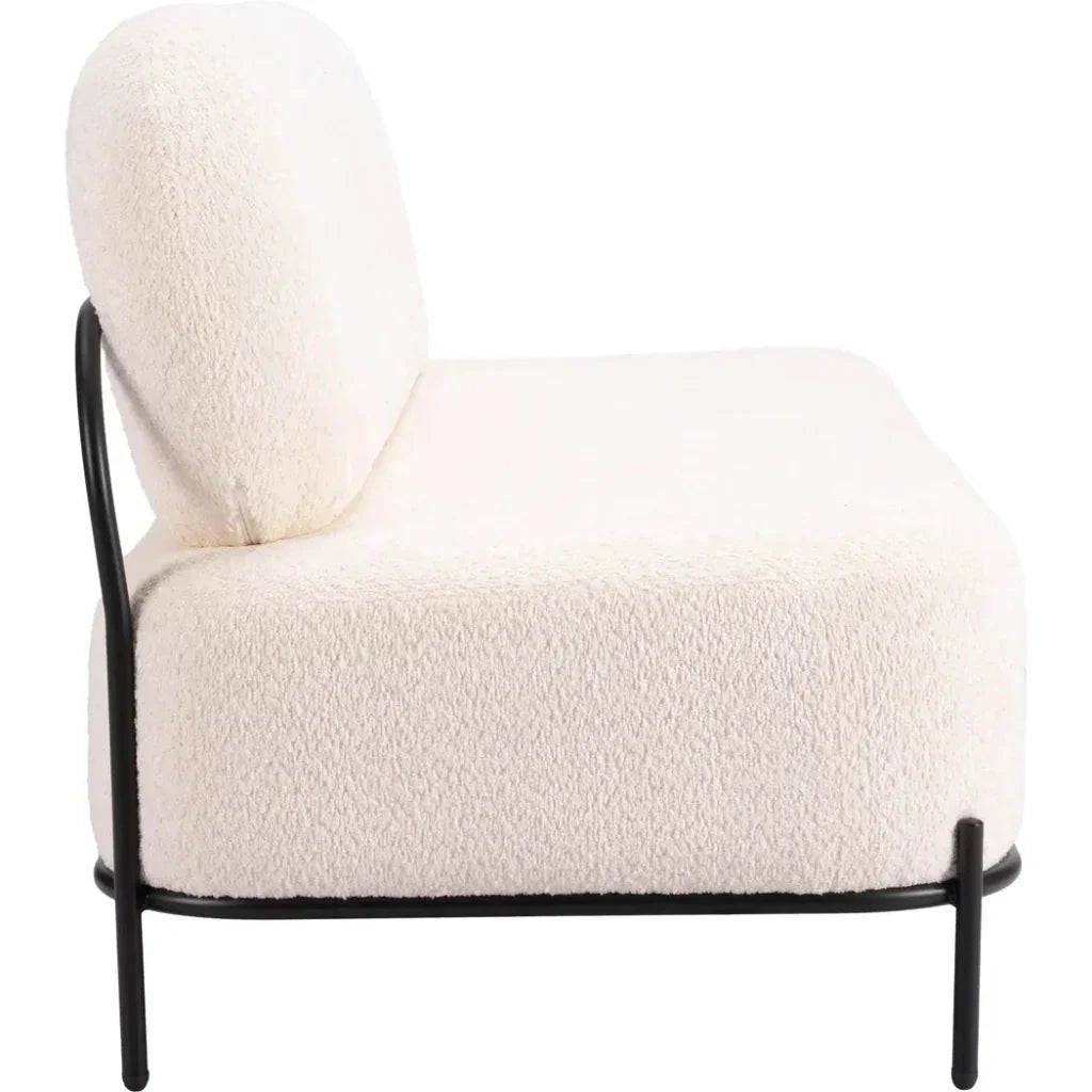 White boucle chair with black metal frame on a white background