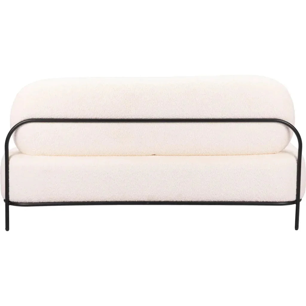 White cushioned bench with black metal frame on a white background