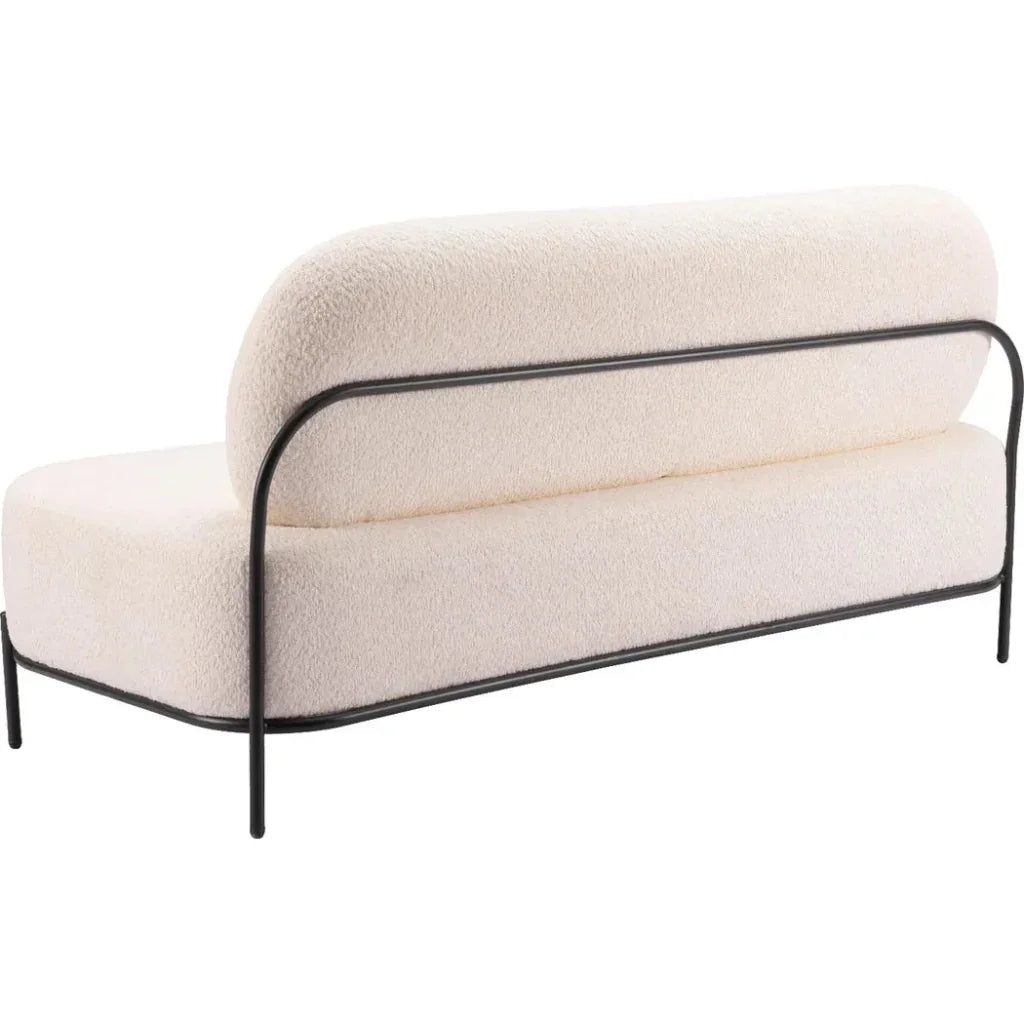 Modern sofa with white cushioned seat and backrest on a black metal frame against a white background