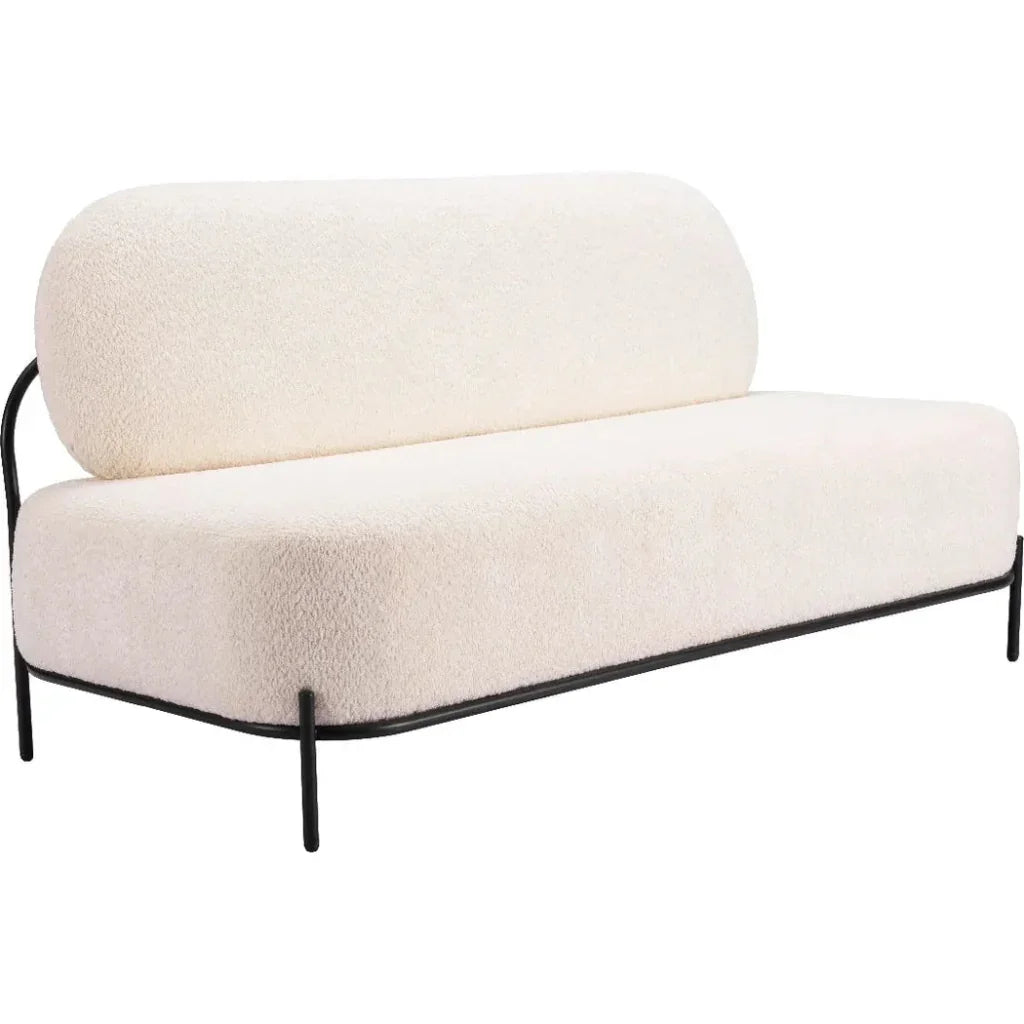 Modern white sofa with black metal frame on a white background