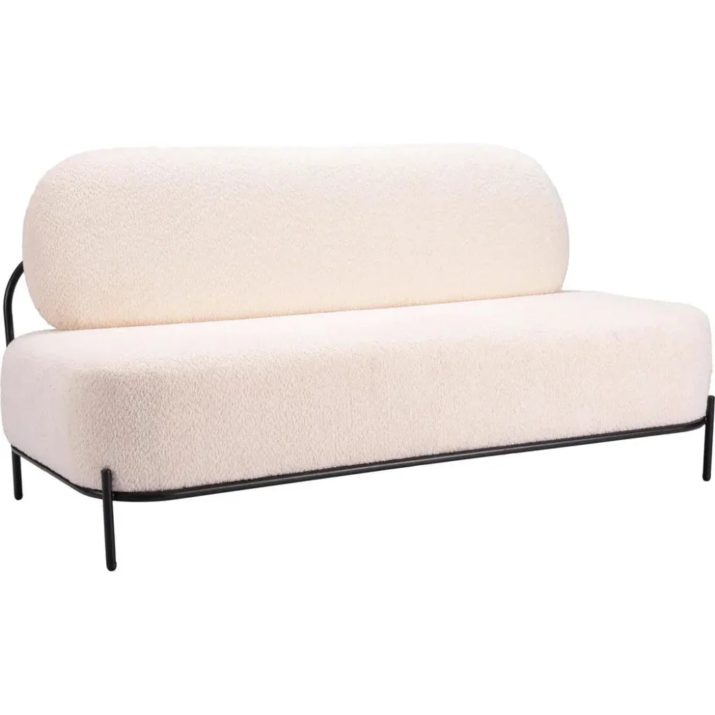 Modern white sofa with black metal frame on a white background