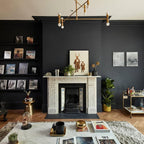 Living room with dark walls, a fireplace, and decorative items.