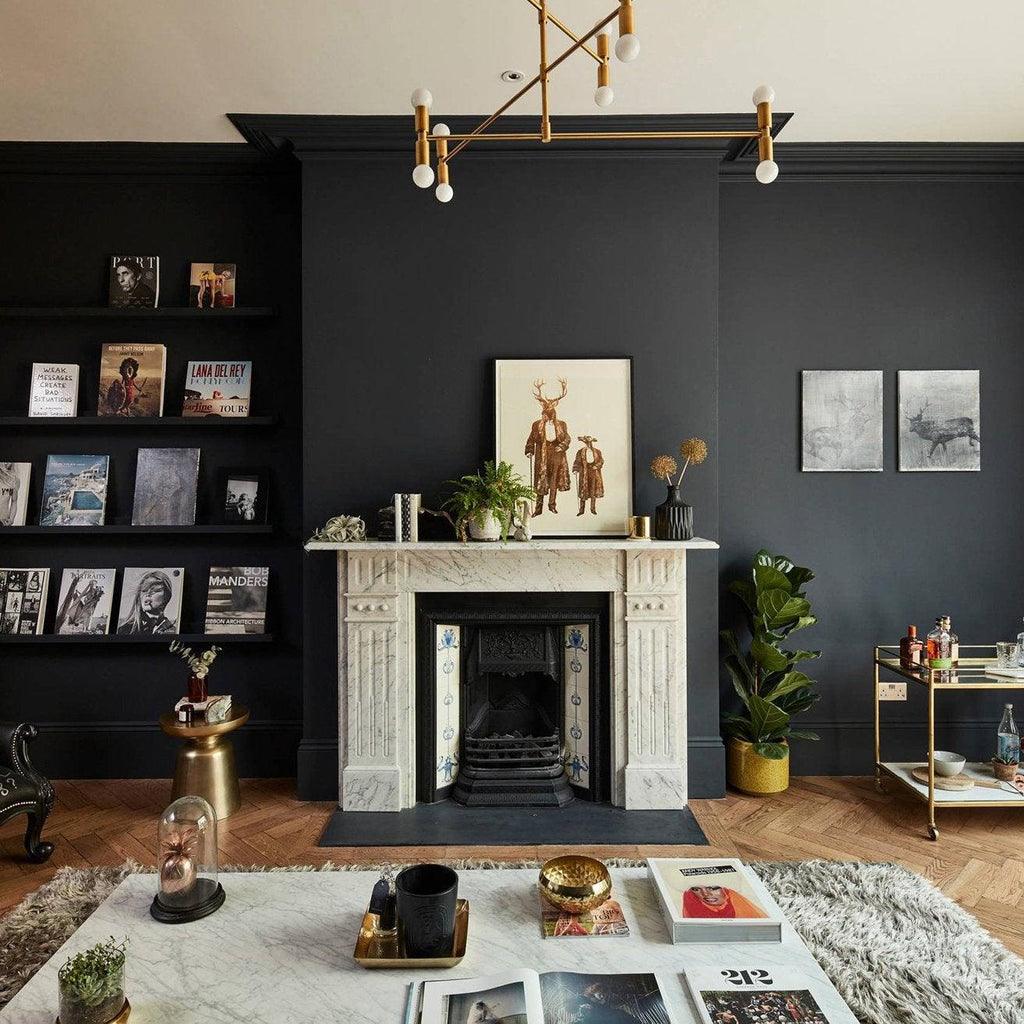 Living room with dark walls, a fireplace, and decorative items.