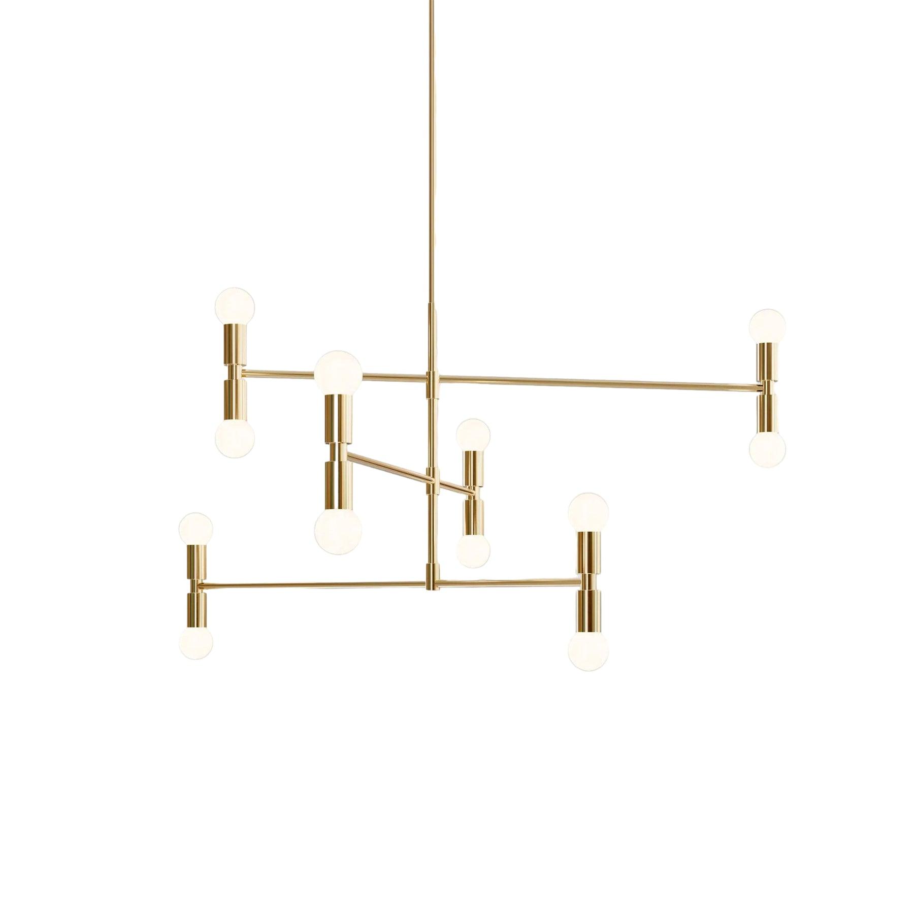 Modern gold chandelier with multiple light bulbs on a white background