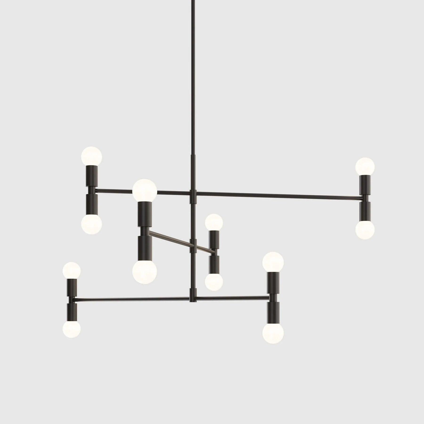 Modern black chandelier with multiple light bulbs on a gray background