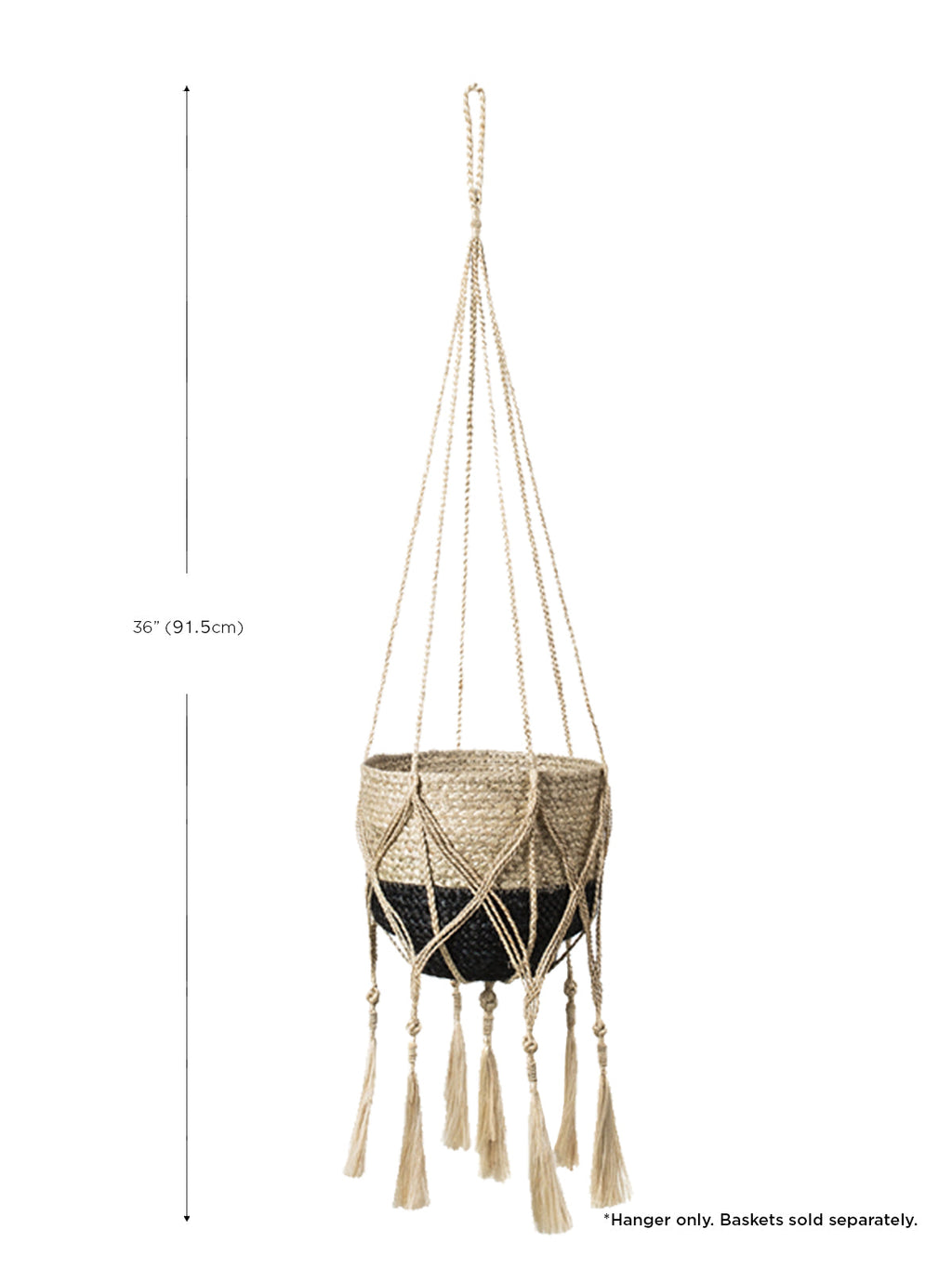 Macrame plant hanger with tassels on a white background