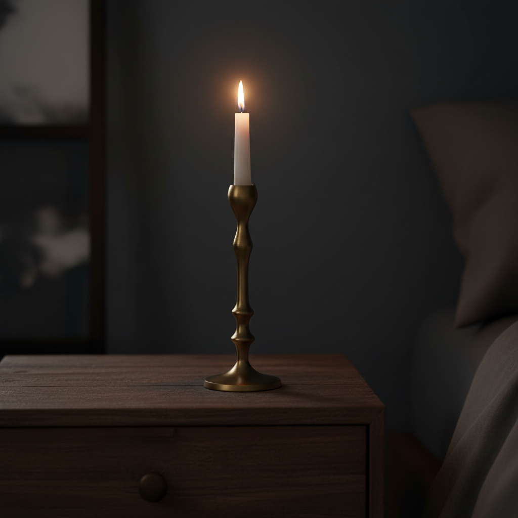 Lit candle in a brass holder on a wooden surface with a dark background