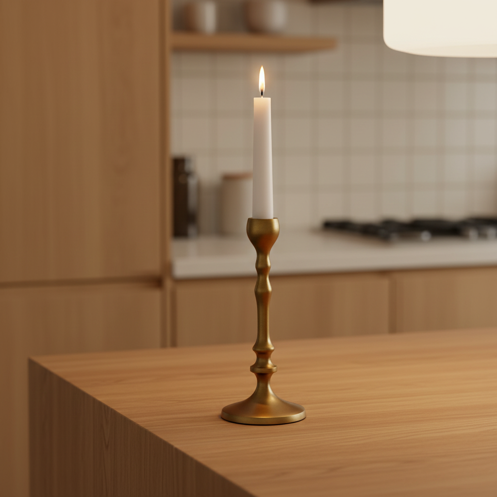 Gold candlestick with a lit white candle on a wooden surface in a kitchen setting