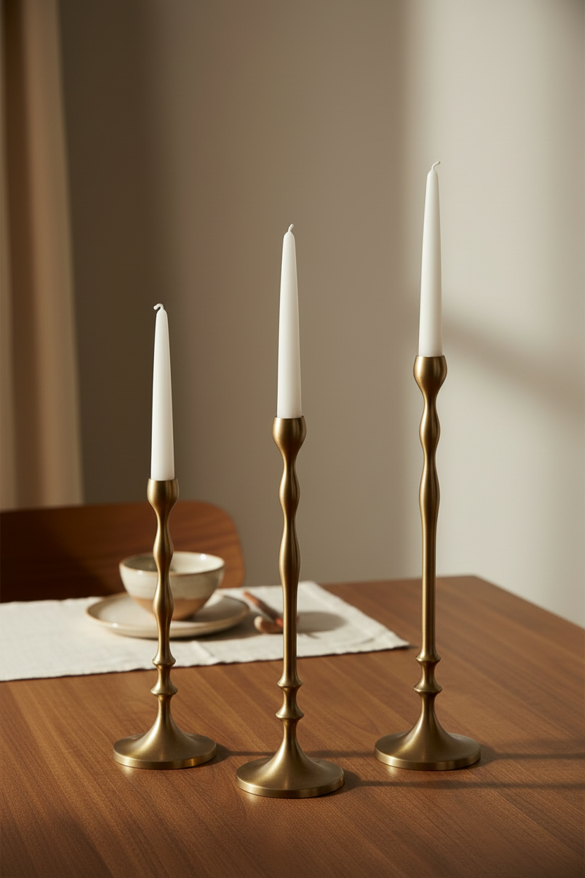 Three gold candle holders with white candles on a wooden table.