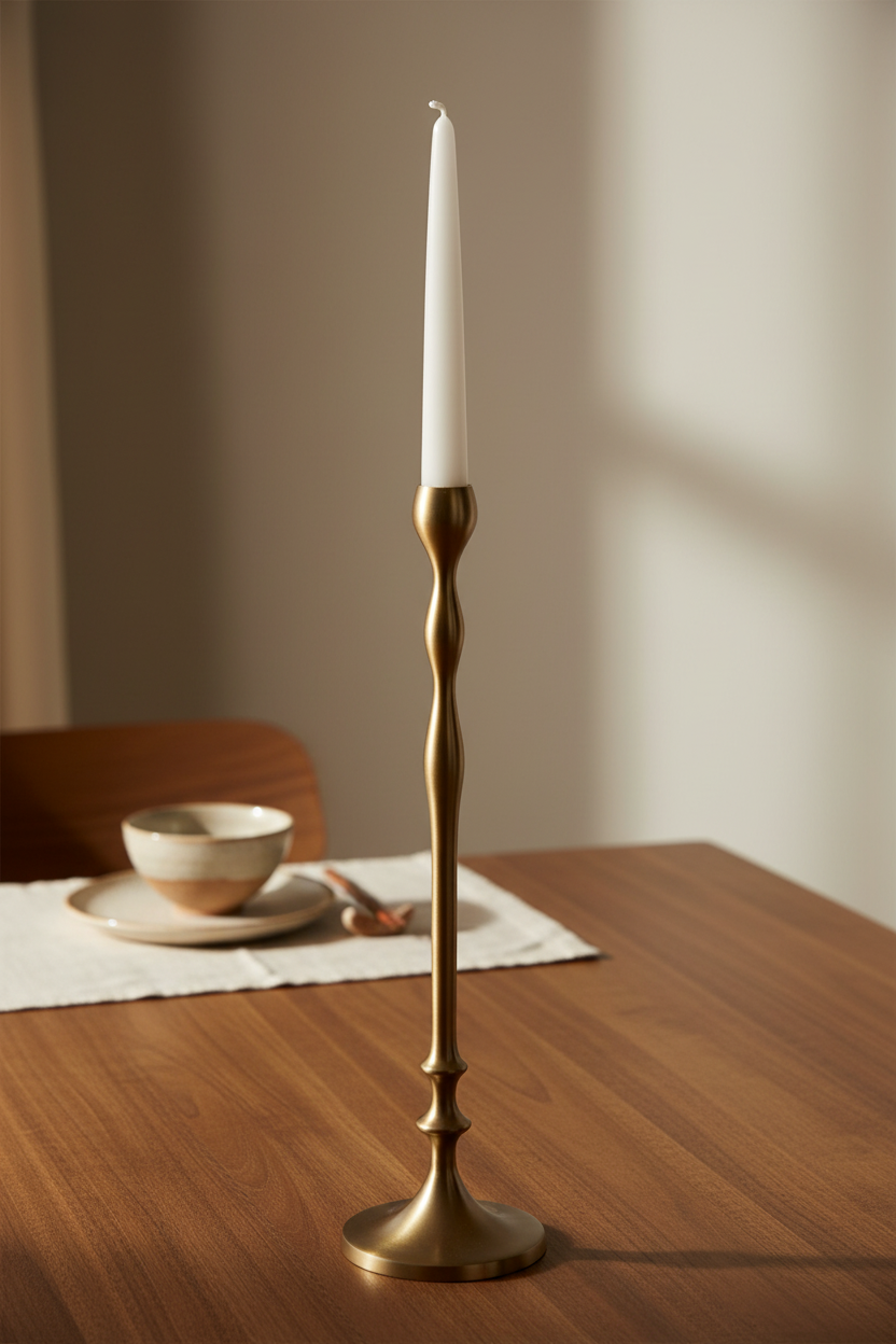 Gold candlestick with a white candle on a wooden table with a bowl and spoon in the background.
