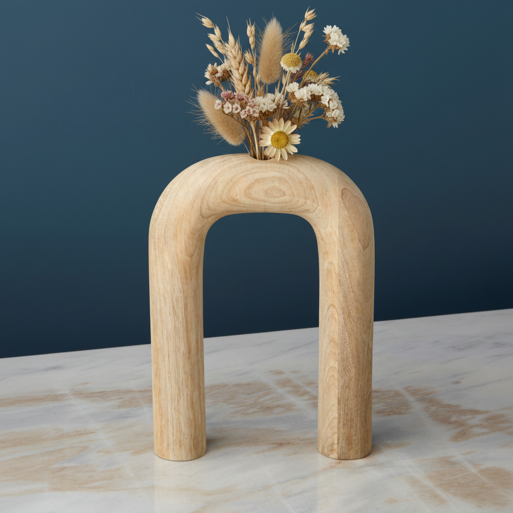 Wooden arch-shaped vase with dried flowers on a marble surface against a dark blue wall.