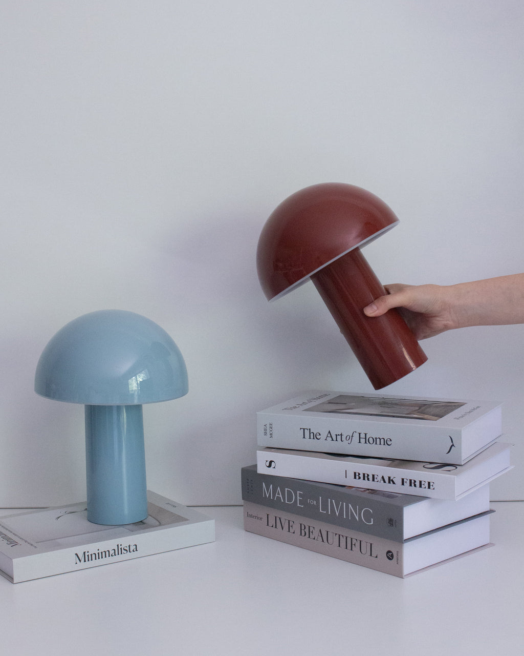 Person holding a red mushroom-shaped lamp over books with a blue lamp on top