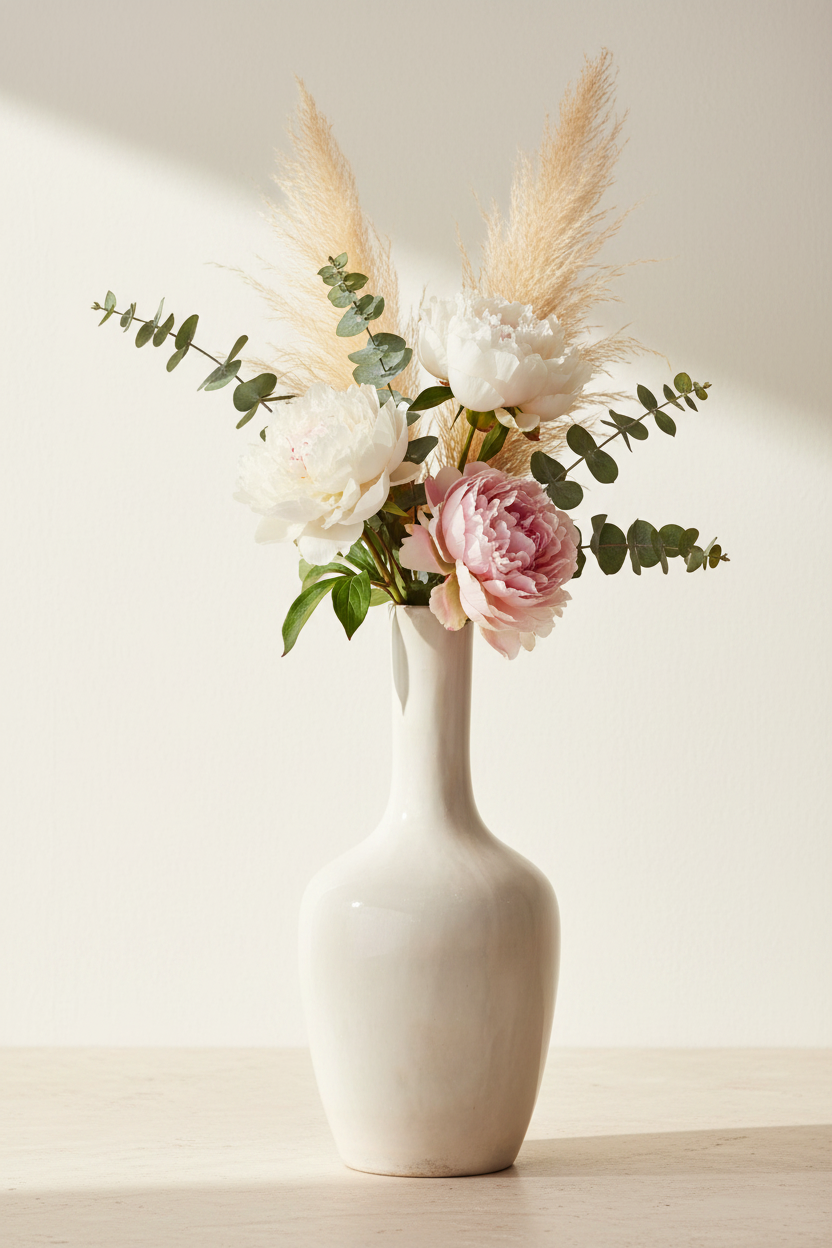 White vase with flowers on a light background