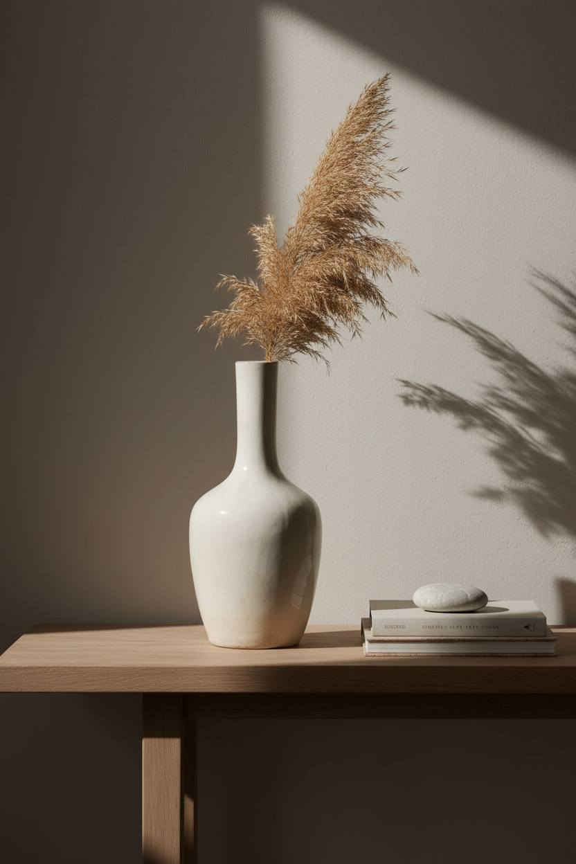 White vase with dried pampas grass on a wooden table against a neutral wall.