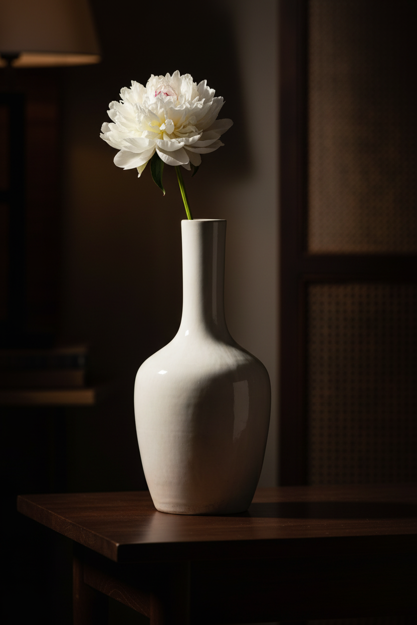 White vase with a single white flower on a wooden surface against a dark background