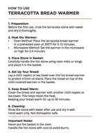 Instructions for using a terracotta bread warmer on a white background
