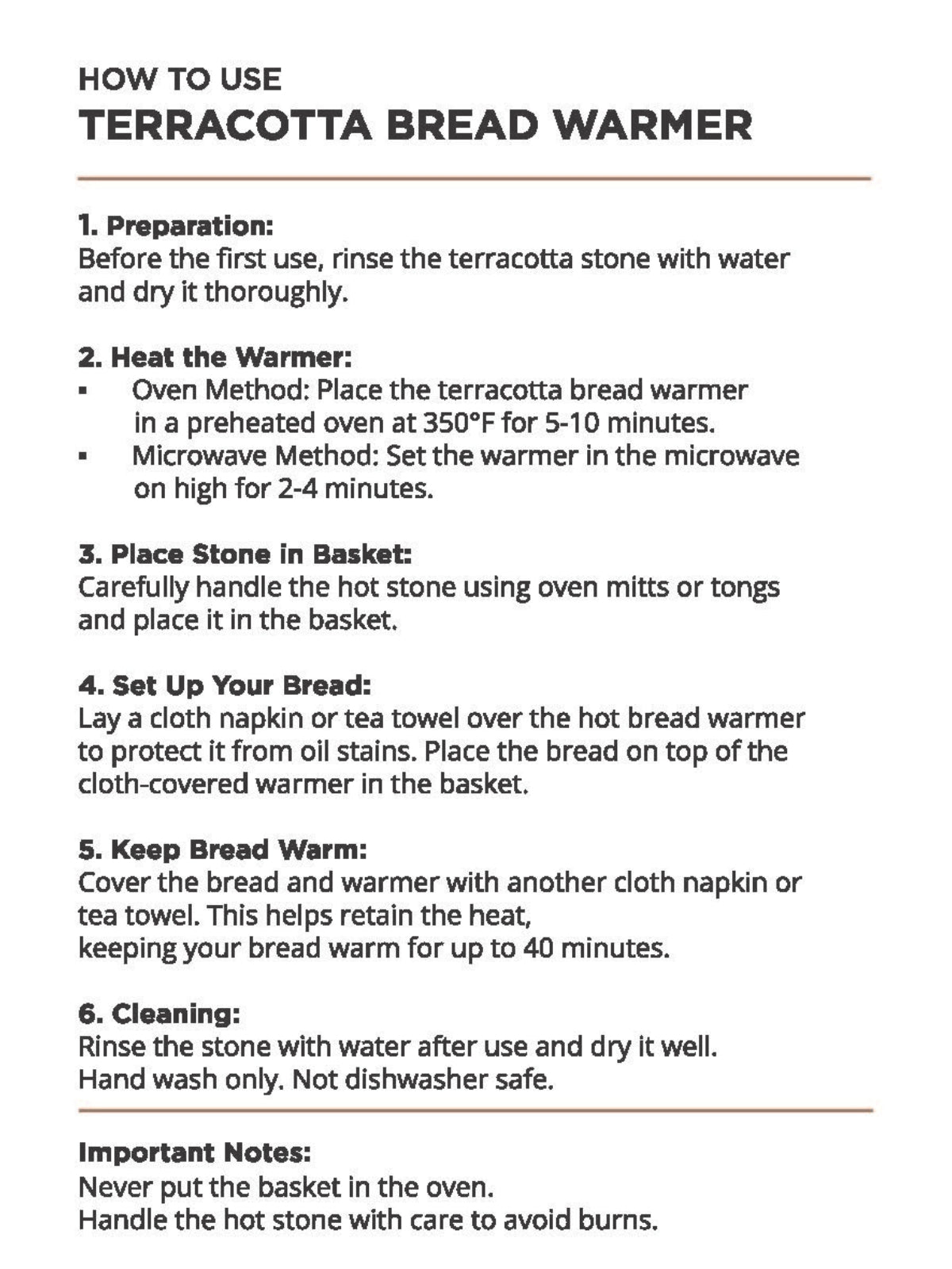 Instructions for using a terracotta bread warmer on a white background