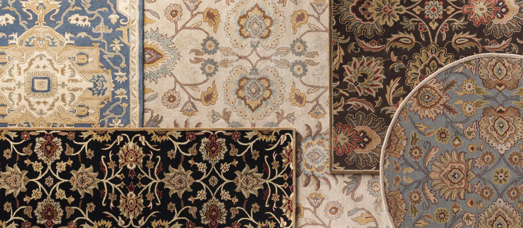 Collage of various patterned rugs with intricate designs.
