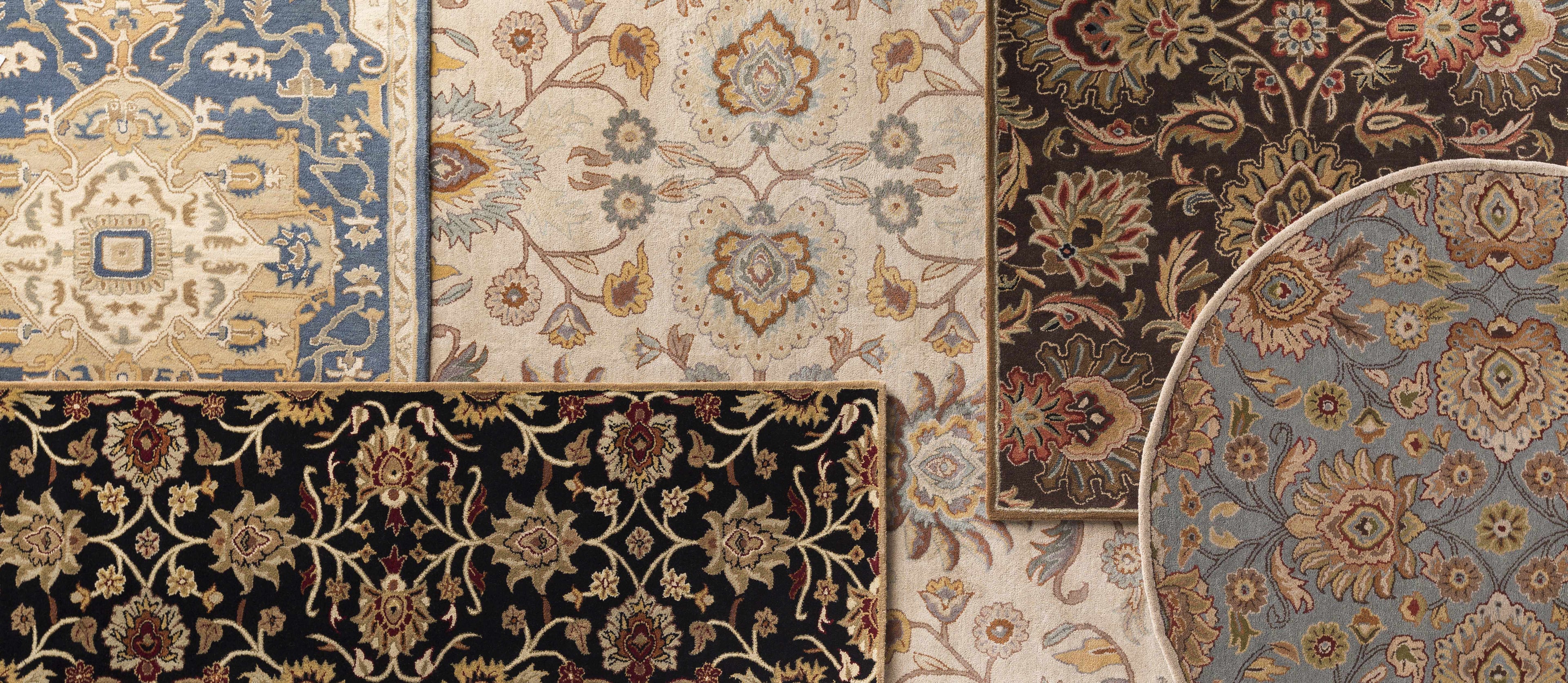 Collage of various patterned rugs with intricate designs.