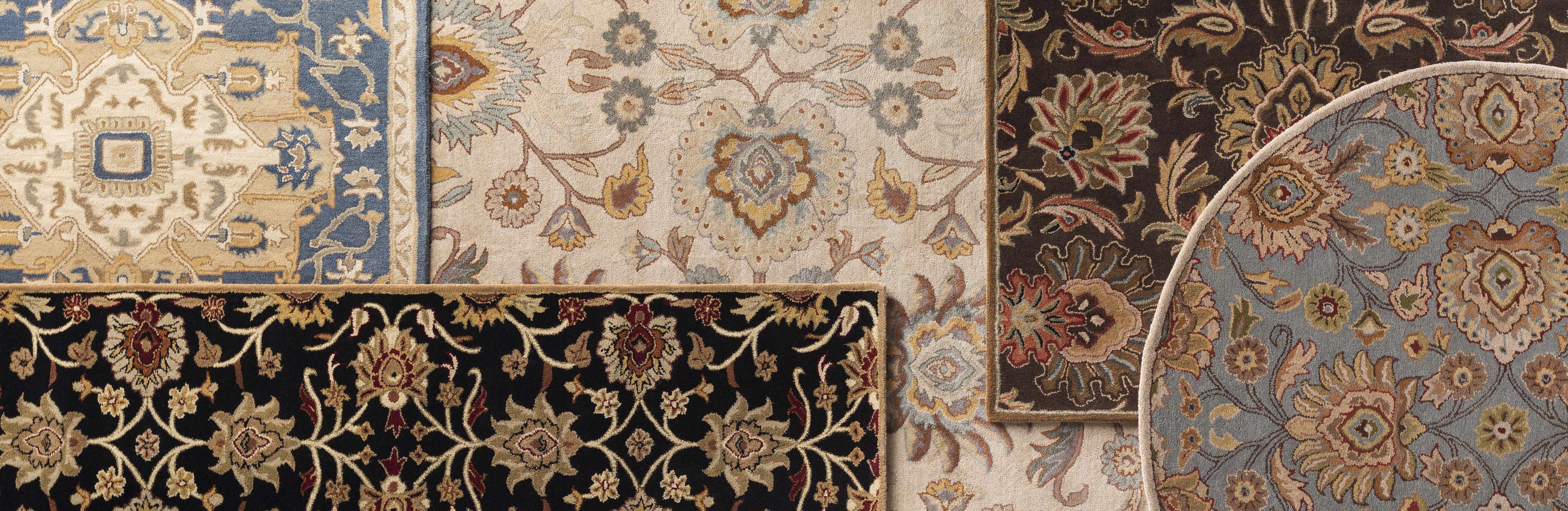Collection of patterned rugs with intricate designs.
