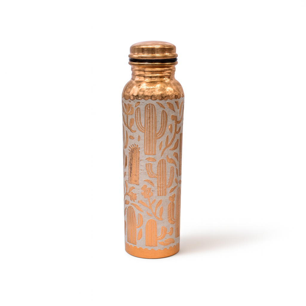 Copper water bottle with cactus pattern on a white background