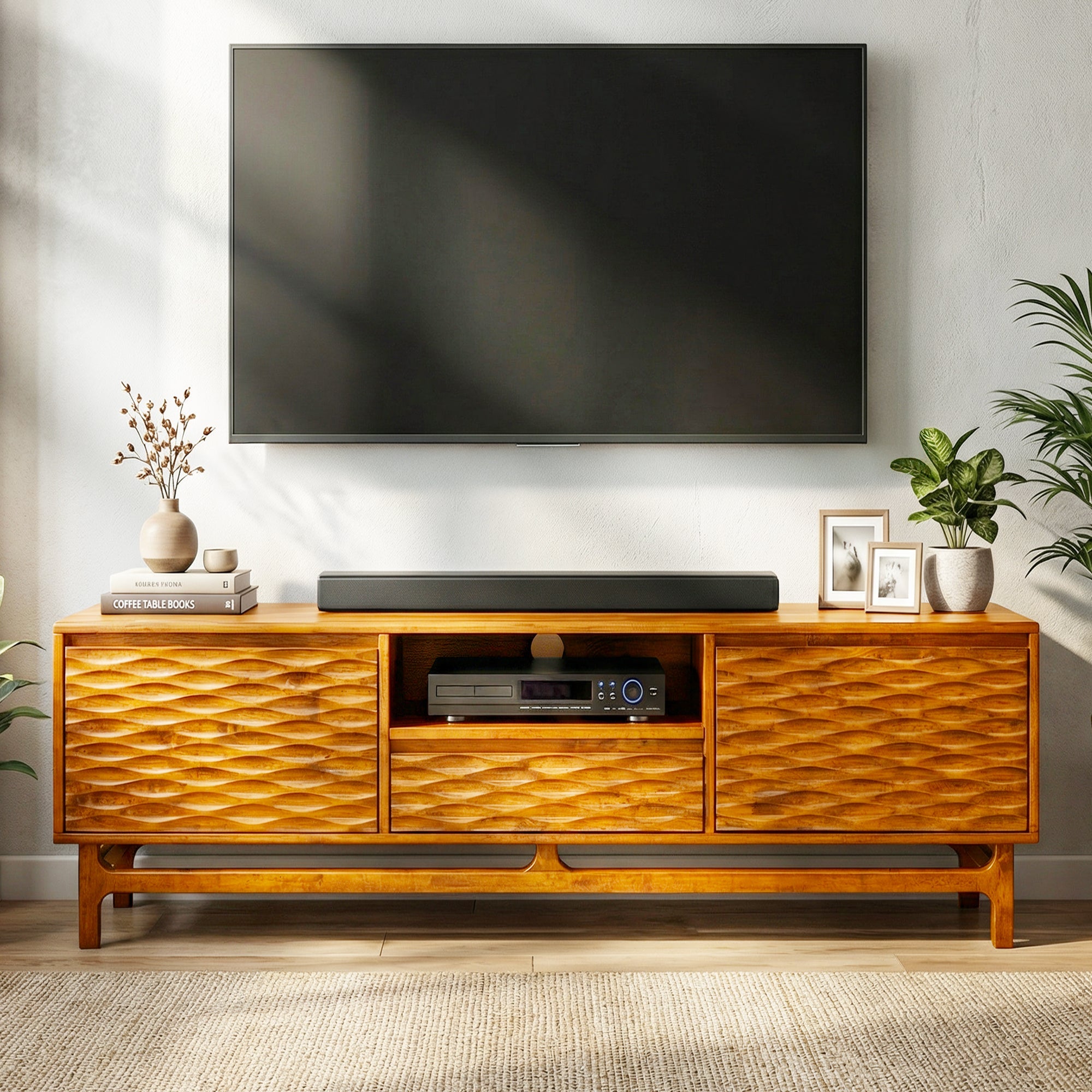 Wooden TV stand with decorative items in a living room setting